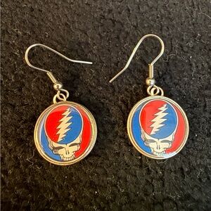 Grateful Dead Red & Blue Lightning Skull Dangle Earrings